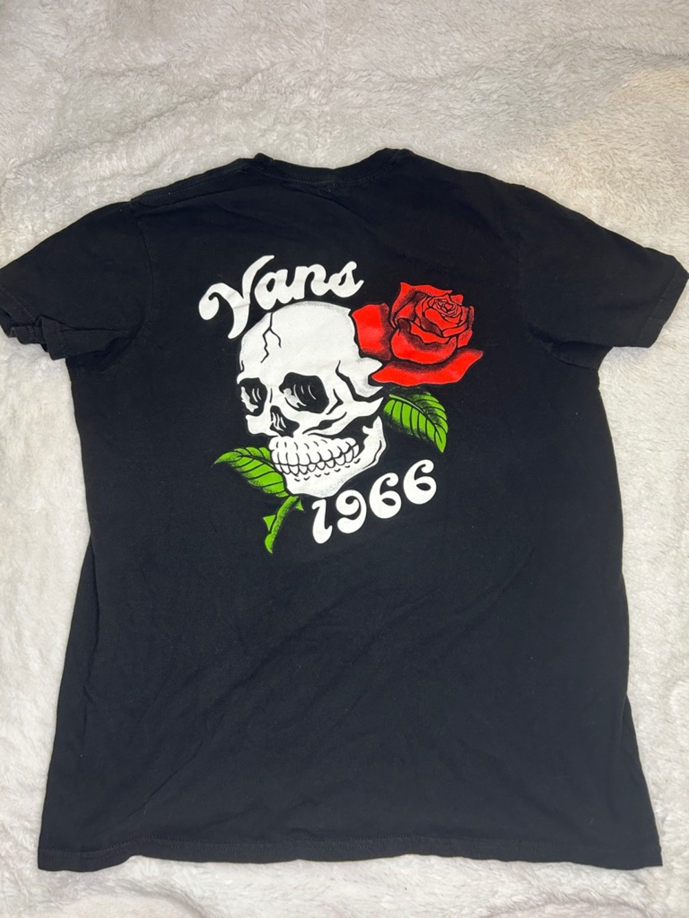 Vans Black Tee with White Skull and Red Rose Graphic